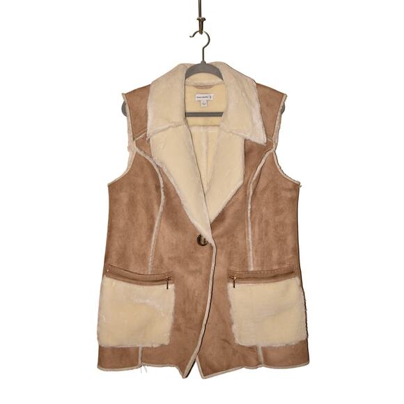 SUSAN GRAVER $97 Faux Shearling‎ Vest w/ Front Pockets Brown Ivory Large - Picture 1 of 4